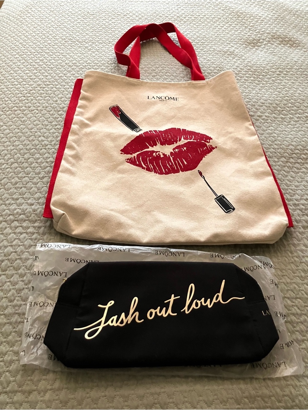 New Lancôme Red Lips & Lipstick Canvas Tote with Black 'Lash Out Loud' Bag
